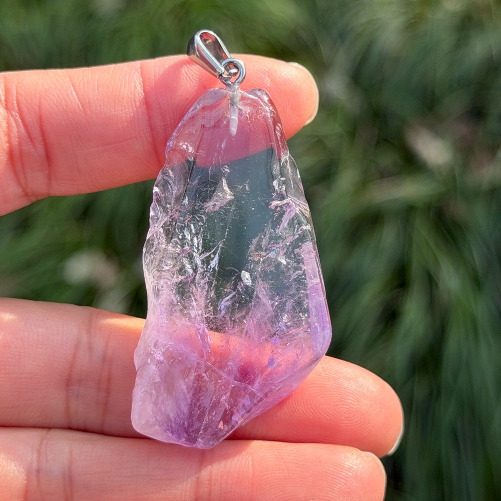 Stainless steel natural clear amethyst free form pendant 1007
